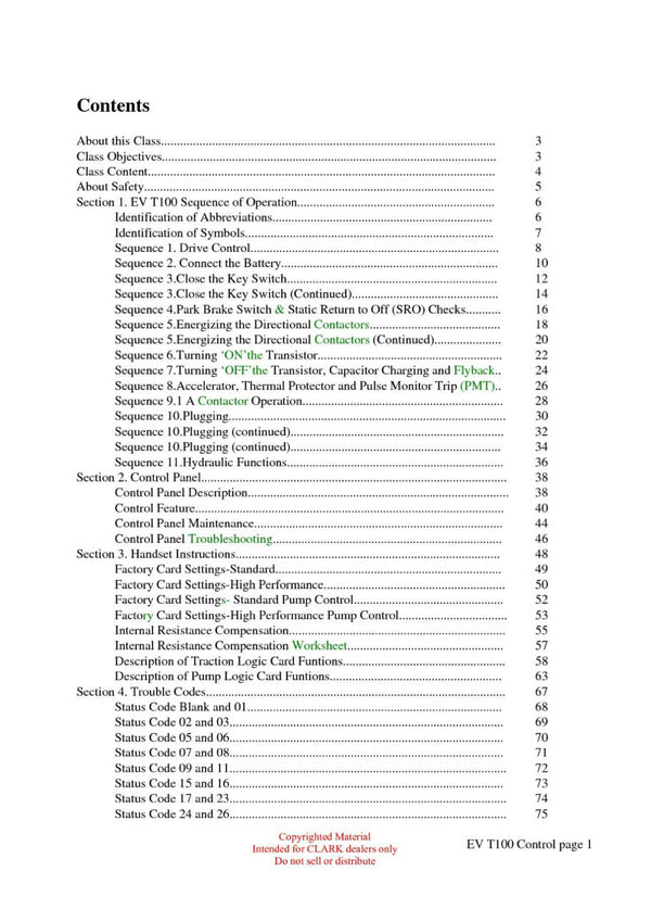 Clark ET-206 Forklift Troubleshooting the EV T100 Control Technical Training Manual - PDF Download