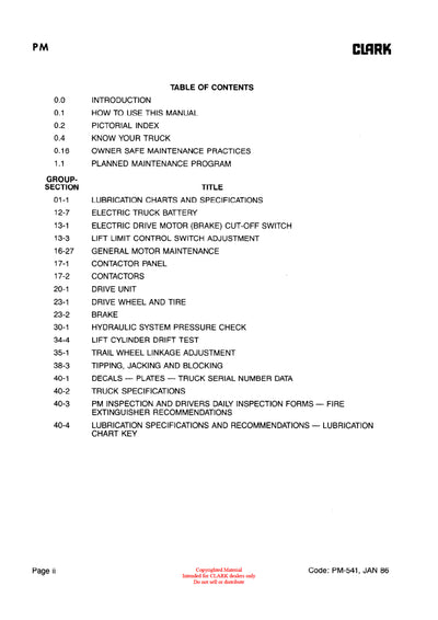 Clark P/HMP 465 (PMA-541) Forklift Planned Maintenance & Adjustment Manual - PDF Download