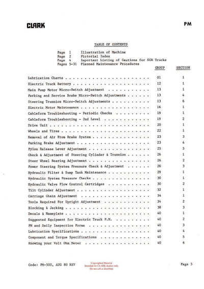 Clark PMA-500 Forklift Planned Maintenance & Adjustment Manual - PDF Download