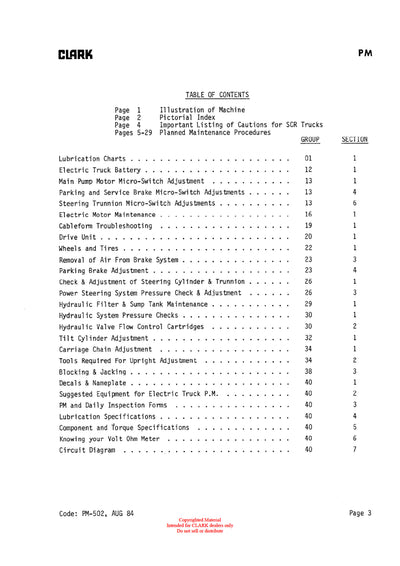 Clark TM/EM 10 thru 15S (PMA-502) Forklift Planned Maintenance & Adjustment Manual - PDF Download