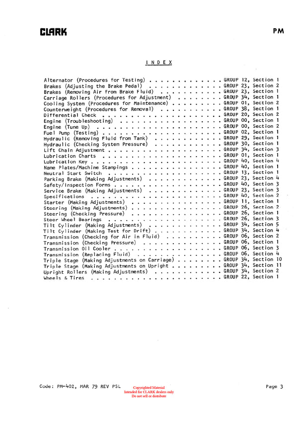 Clark Y1015 (PMA-534) Forklift Planned Maintenance & Adjustment Manual - PDF Download