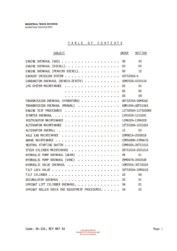 Clark C500 (OH-339)  Forklift Overhaul Manual - PDF Download