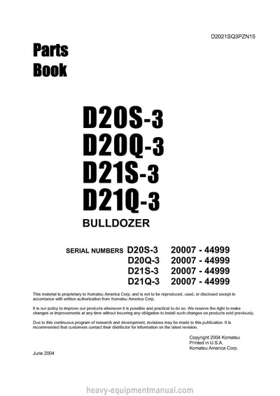 Komatsu D21Q-3 and additional models (JPN) Crawler Dozer Parts Manual SN 20007-44999