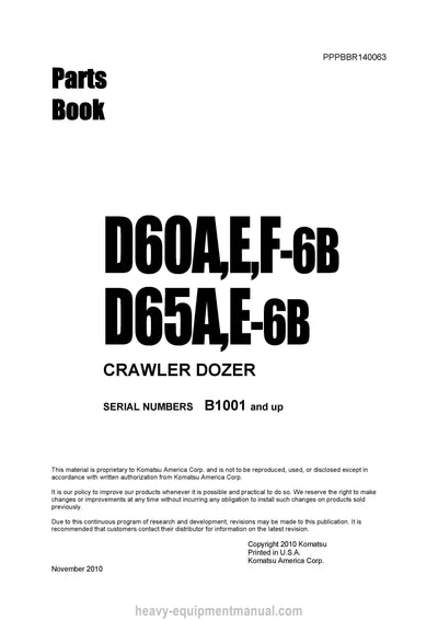 Komatsu D60E-6 and additional models (JPN) Crawler Dozer Parts Manual SN B1001-UP