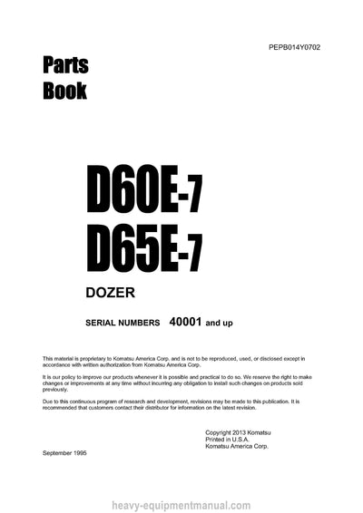 Komatsu D60E-7(JPN) Crawler Dozer Parts Manual SN 40001-UP