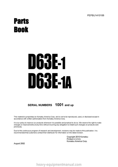 Komatsu D63E-1(JPN) Crawler Dozer Parts Manual SN 1001-UP