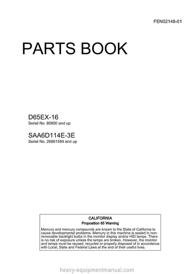 Komatsu D65EX-16 SAA6D114E-3E Crawler Dozer Parts Manual SN 80850 and up