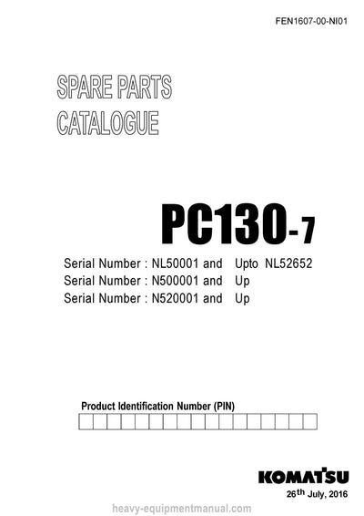 Komatsu PC130-7 and additional models (IND) Crawler Excavator Parts Manual SN N520001-UP