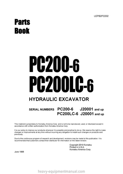 Komatsu PC200LC-6(IDN) Crawler Excavator Parts Manual SN J20001-UP