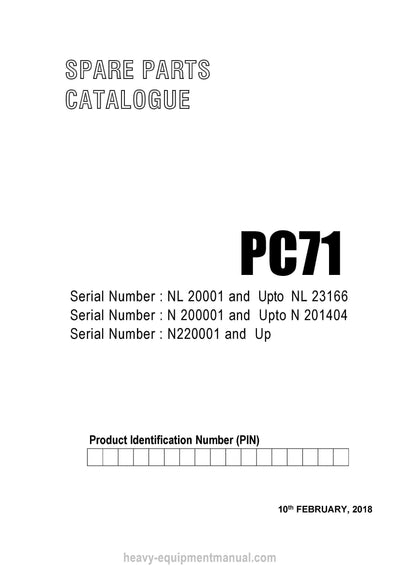 Komatsu PC71 and additional models (IND) Crawler Excavator Parts Manual SN N220001-UP