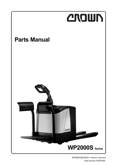 Parts manual cover for Crown WP2000S series pallet jack on a white background