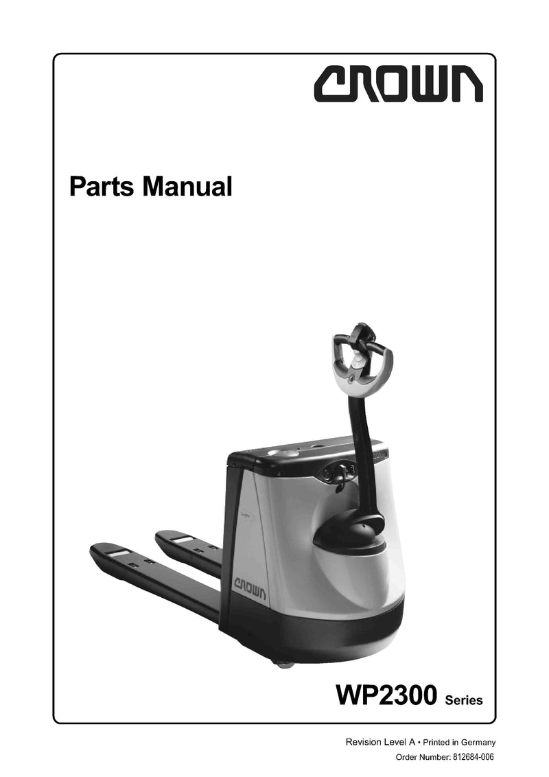 Parts manual cover for Crown WP2300 series pallet jack with Crown logo.