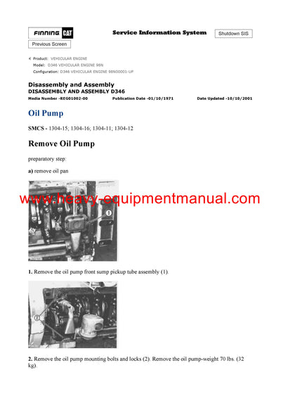 Download Caterpillar D346 VEHICULAR ENGINE Service Repair Manual 98N