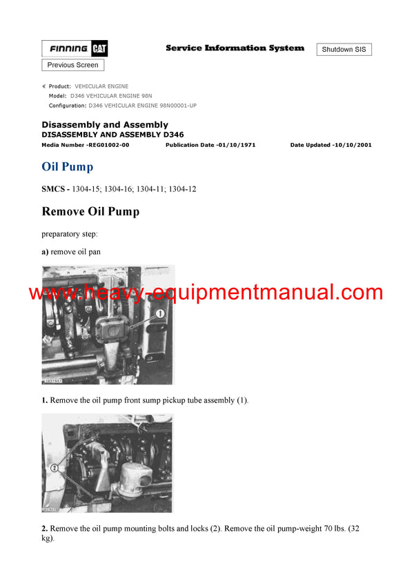 Download Caterpillar D346 VEHICULAR ENGINE Service Repair Manual 98N