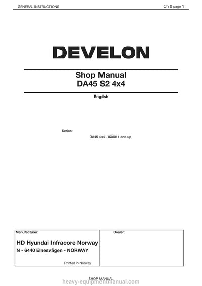 Develon DA45 S2 4x4 Articulated Dump Truck Service Shop Manual