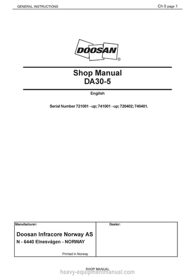 Doosan DA30-5 Articulated Dump Truck Shop Manual