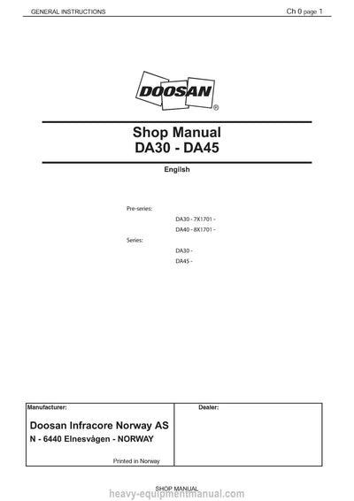 Doosan DA30 - DA45 Articulated Dump Truck Shop Manual