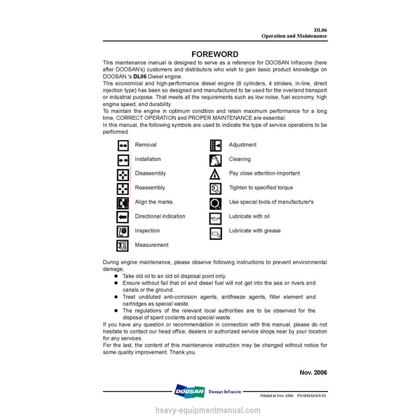 Doosan DL06 Diesel Engine Operation & Maintenance Manual PDF
