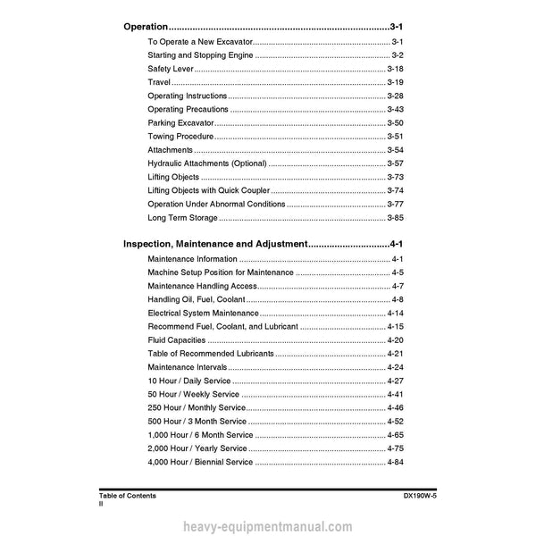 Doosan DX190W-5 Excavator Operation and Maintenance Manual PDF