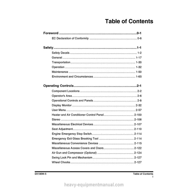 Doosan DX190W-5 Excavator Operation and Maintenance Manual PDF