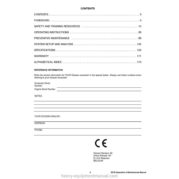Doosan DX19 Compact Excavator Operation & Maintenance Manual PDF