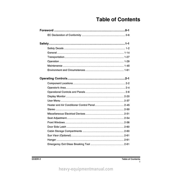 Doosan DX85R-3 Excavator Operation and Maintenance Manual PDF