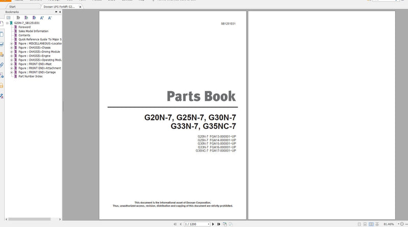 Doosan G20N-7 G25N-7 G30N-7 G33N-7 G35NC-7 LPG Forklift Parts Manual