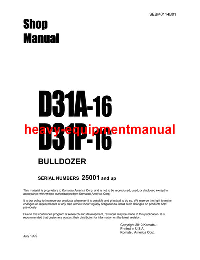 Download Komatsu D31A-16 Bulldozer Service Manual Sn 25001-up