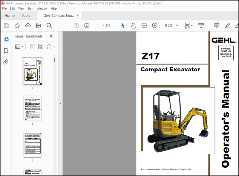 Download Gehl Z17 Compact Excavator Operator’s Manual