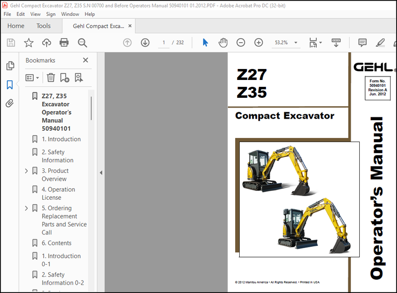 Download Gehl Z27, Z35 Compact Excavator Operator’s Manual