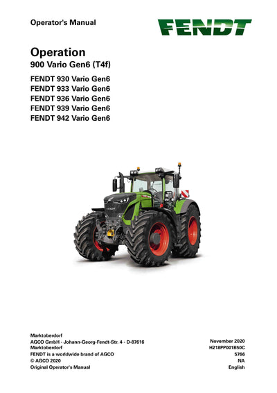 Fendt Tractor Favorit 930, 933, 936, 939, 942 Vario Gen 6 (10.2019 ) Operator Manual