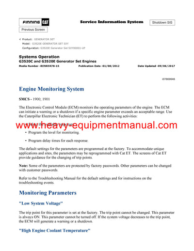 Download Caterpillar G3520E GENERATOR SET Service Repair Manual SXY