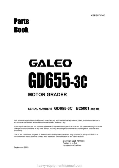 Komatsu GD655-3(JPN)-FOR N. AMERICA Motor Grader Parts Manual SN B25001-UP