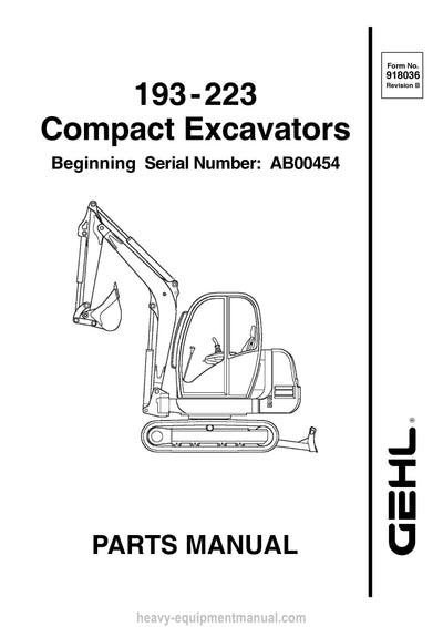 Gehl 193 Compact Excavator SN AB00454 - AD00453 GE223 SN AB00454 - AD00453 Parts Manual 918036B 2003