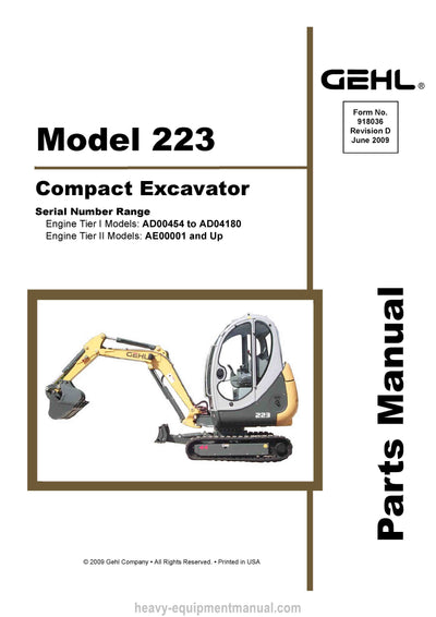 Gehl 223 Compact Excavator SN AD00454 and Up Parts Manual 918036D 2009 1