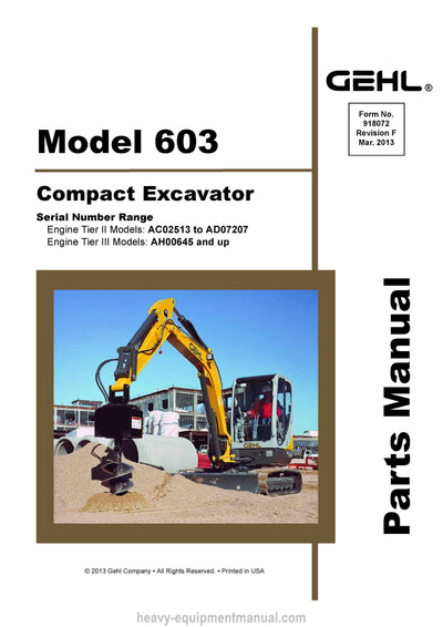2013 Gehl 603 Compact Excavator (918072F) Parts Manual Download PDF