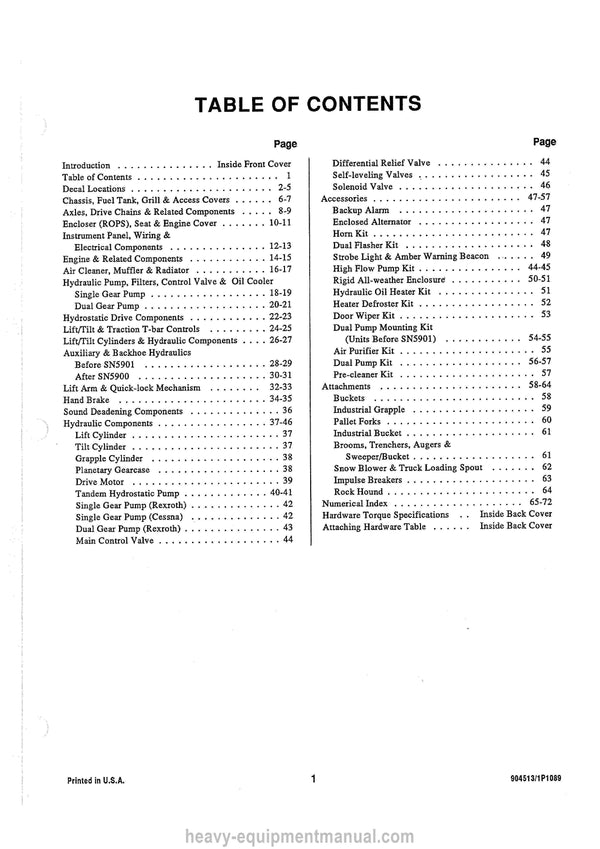 Gehl 6625 Skid Loader SN 007604 and Before Service Parts Manual 904396A 1989