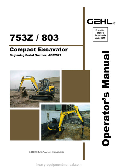 Gehl 753Z 803 Compact Excavator Operator Manual 918074D PDF Download