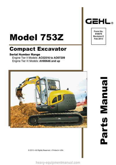 Gehl 753Z Compact Excavator Parts Manual 918075E 2013