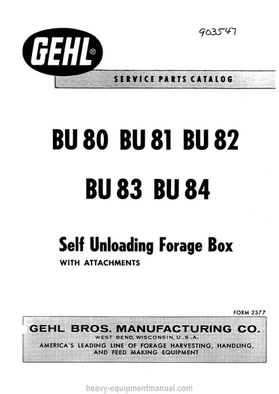 Gehl BU 80 BU 81 BU 82 BU 83 BU 84 Self Unloading Forage Box Operators Manual 903547A