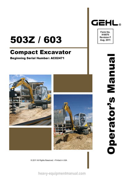 Gehl GE 503Z GE 603 Compact Excavator Operator Manual 918070F PDF Download