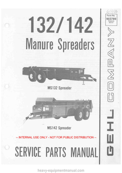 Gehl MS132 MS142 Manure Spreader Service Parts Manual 903789 1986