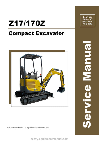 Gehl Z17 170Z Compact Excavator Service Manual 50940107-A 2012