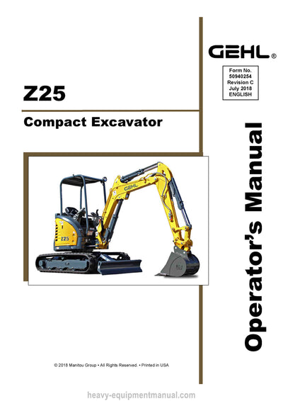 Gehl Z25 Compact Excavator Operator Manual 50940254C PDF Download