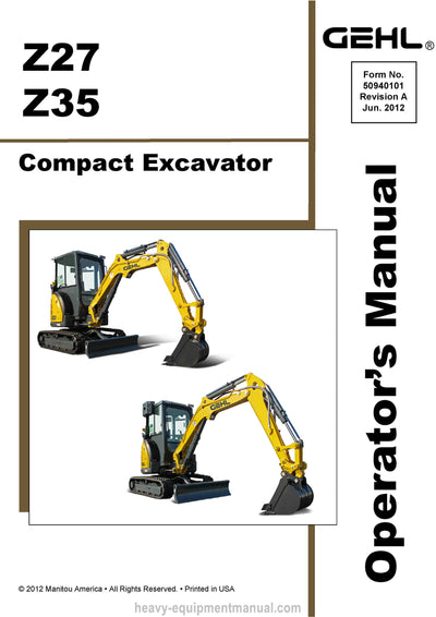 Gehl Z27 Z35 Compact Excavator Operator Manual 50940101A PDF Download