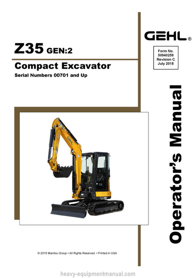 Gehl Z35 Gen2 Compact Excavator Operator Manual 50940259C PDF Download