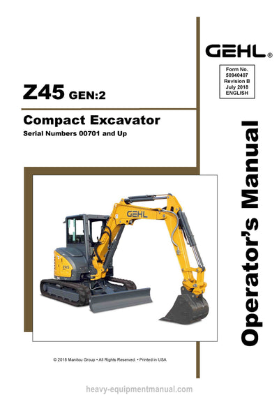 Gehl Z45 Gen2 Compact Excavator Operator Manual 50940407B PDF Download