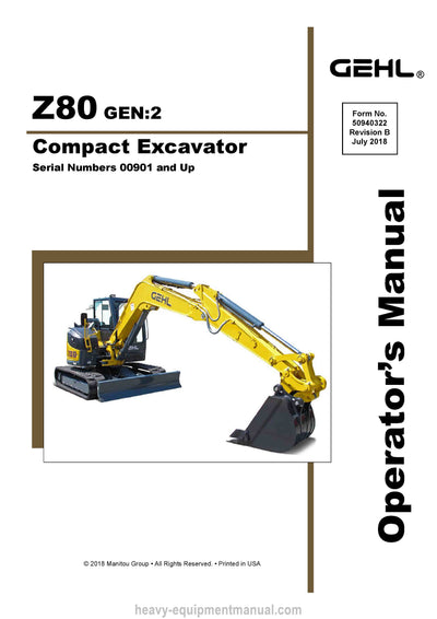 Gehl Z80 Gen2 Compact Excavator Operator Manual 50940322B PDF Download