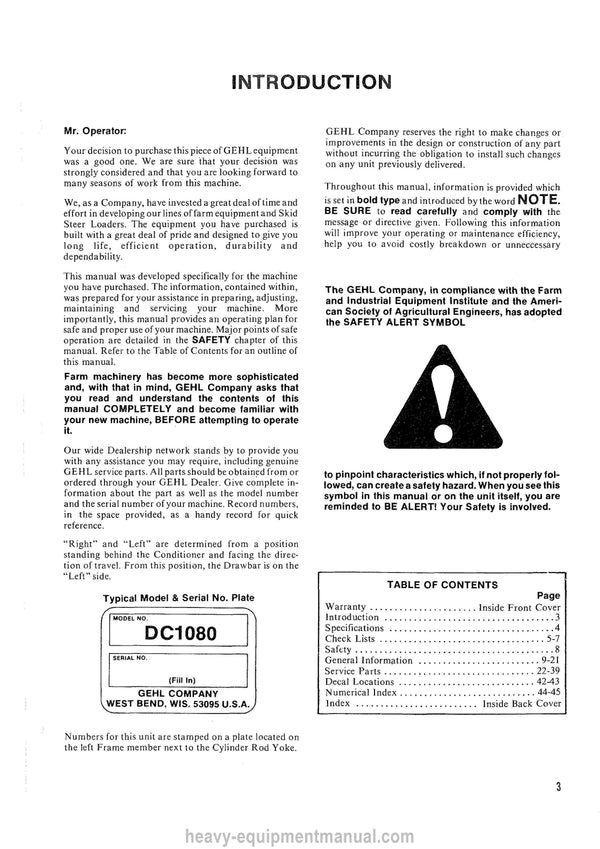 Gehl 1080 Disc Mower Conditioner Operators Manual 903020A