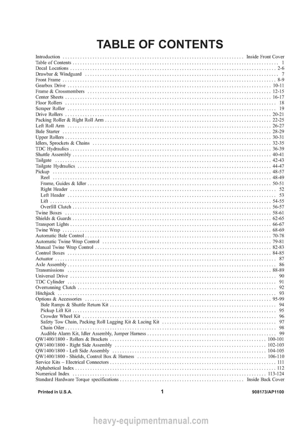 Gehl 1400 1800 1475 1875 Variable Chamber Round Baler Parts Manual 908173A 2000